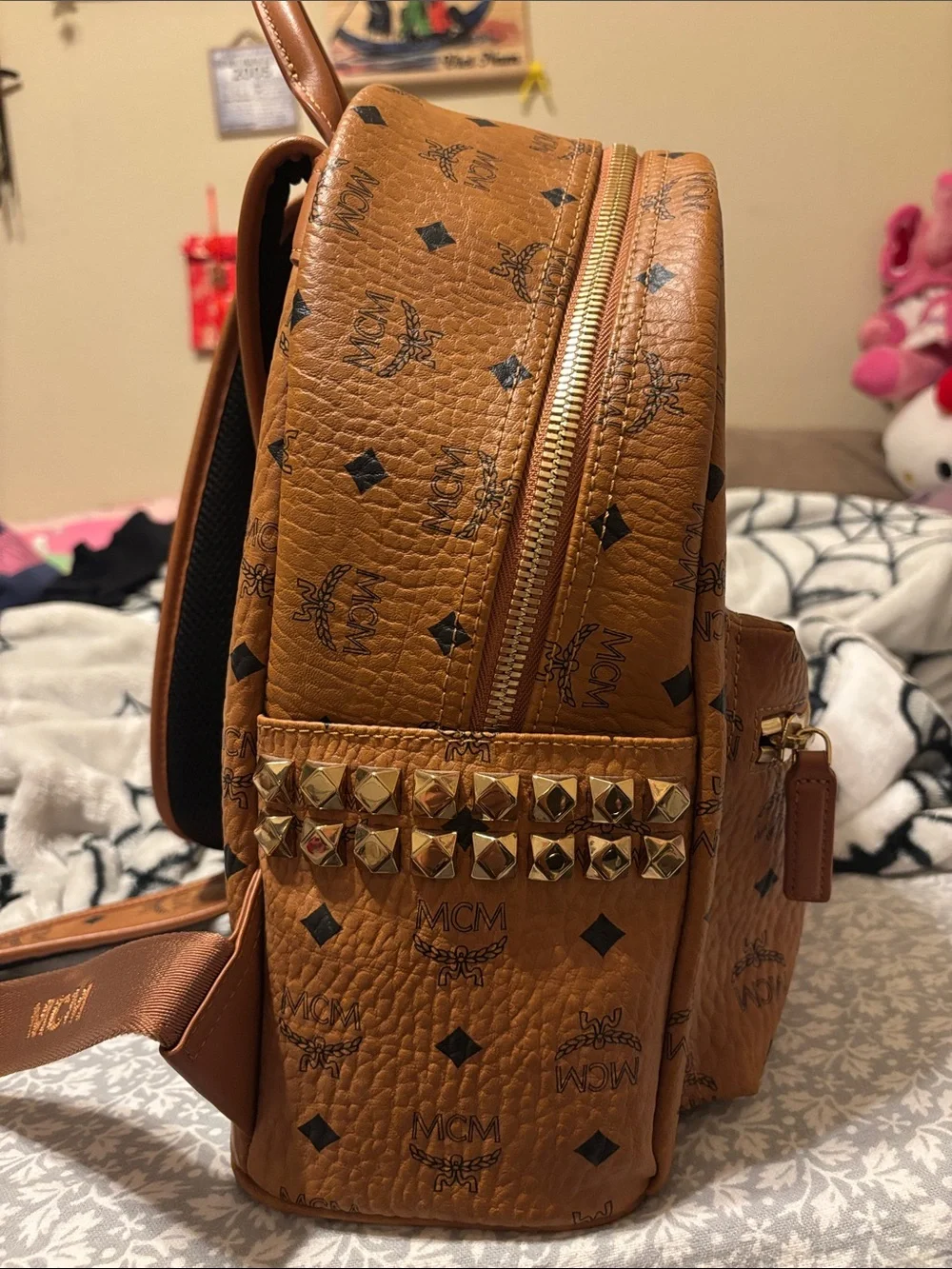 Authentic MCM Stark Side Studs Backpack Cognac Visetos Brown Medium - Pristine